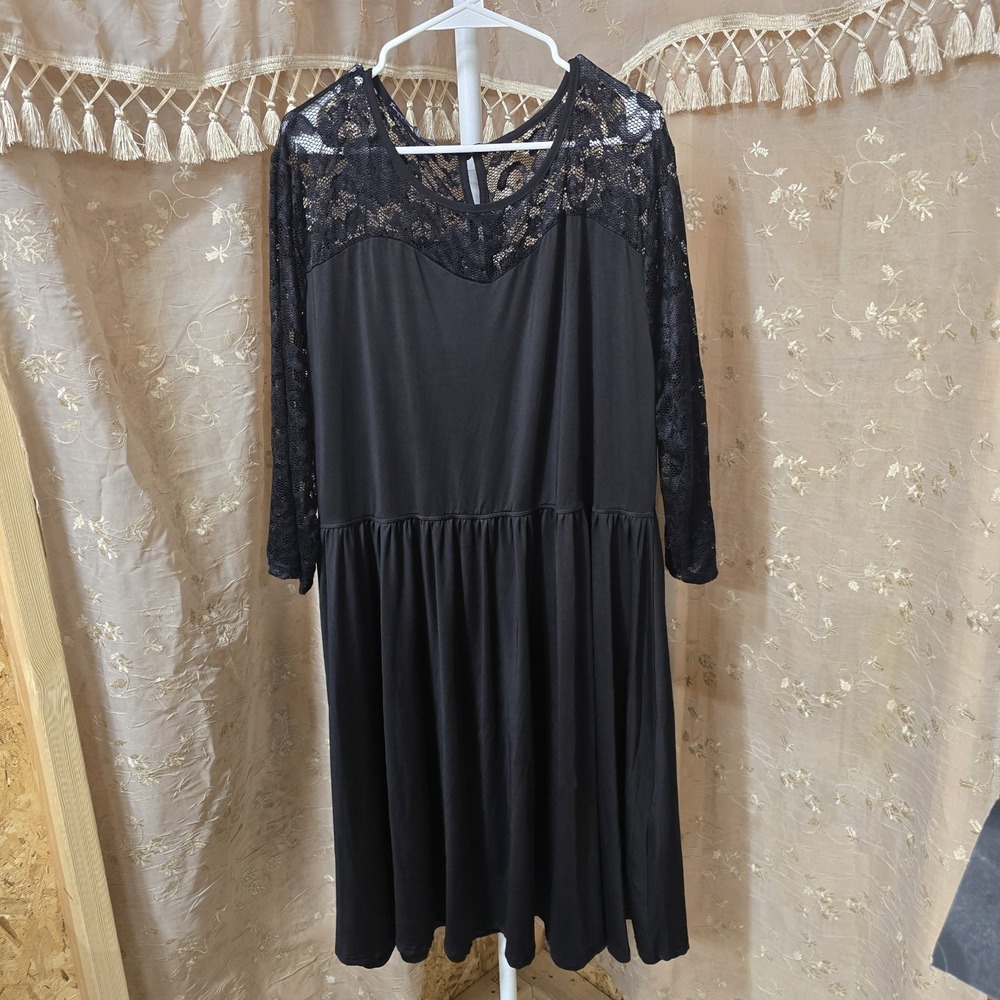 Sapphyra Womens Black Lace Yoke Long Sleeve Fit and Flare Dress Size 4X NWT
